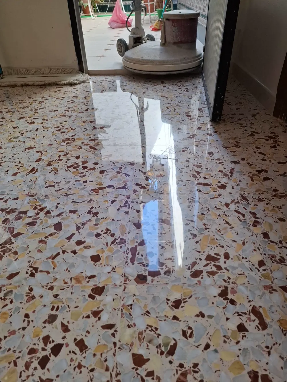 Terrazo chinitas multicolor cristalizado, rotativa al fondo — trabajo real de Pulimentos Jiménez