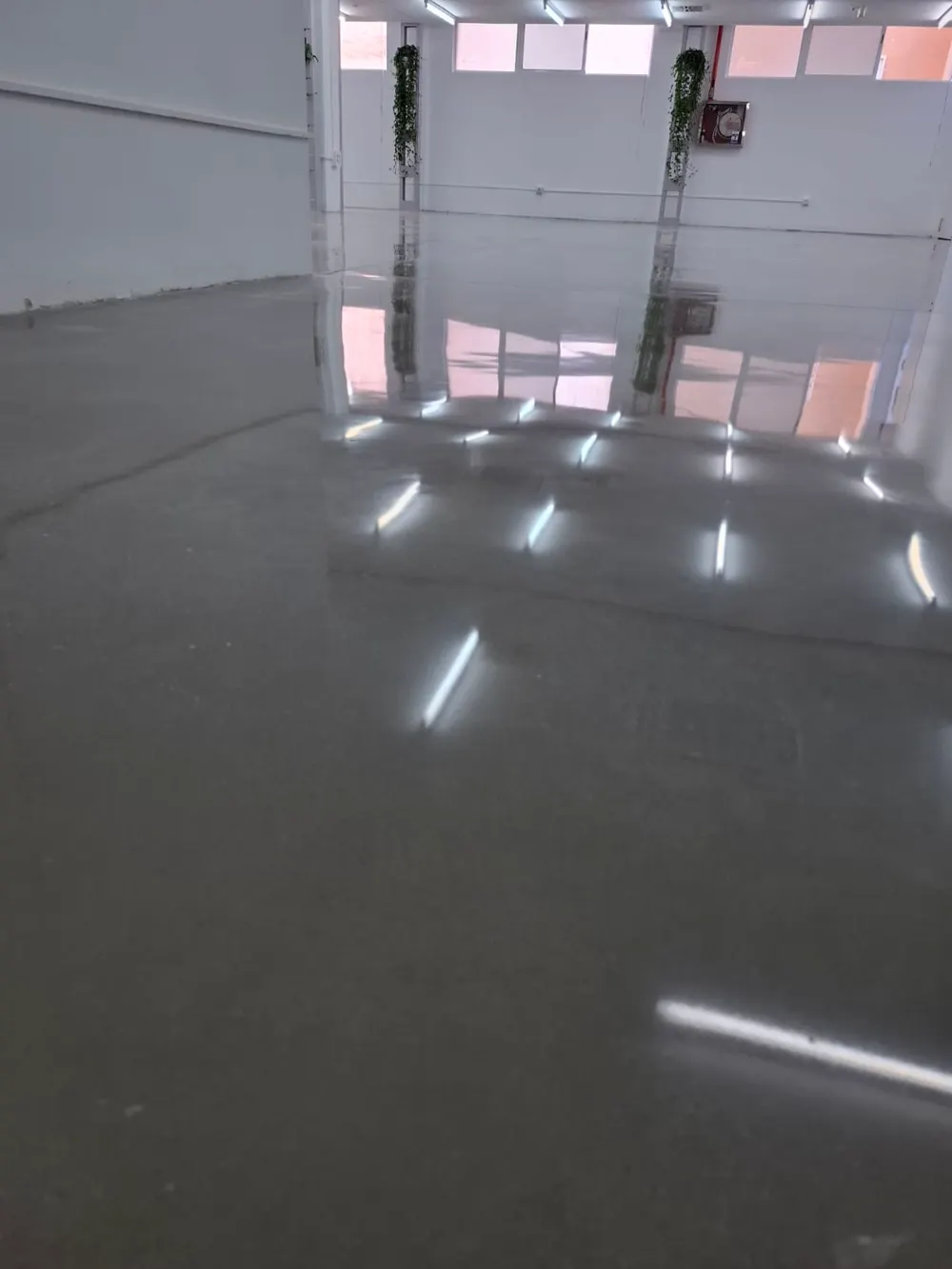 Nave con hormigón pulido reflejando fluorescentes — trabajo real de Pulimentos Jiménez