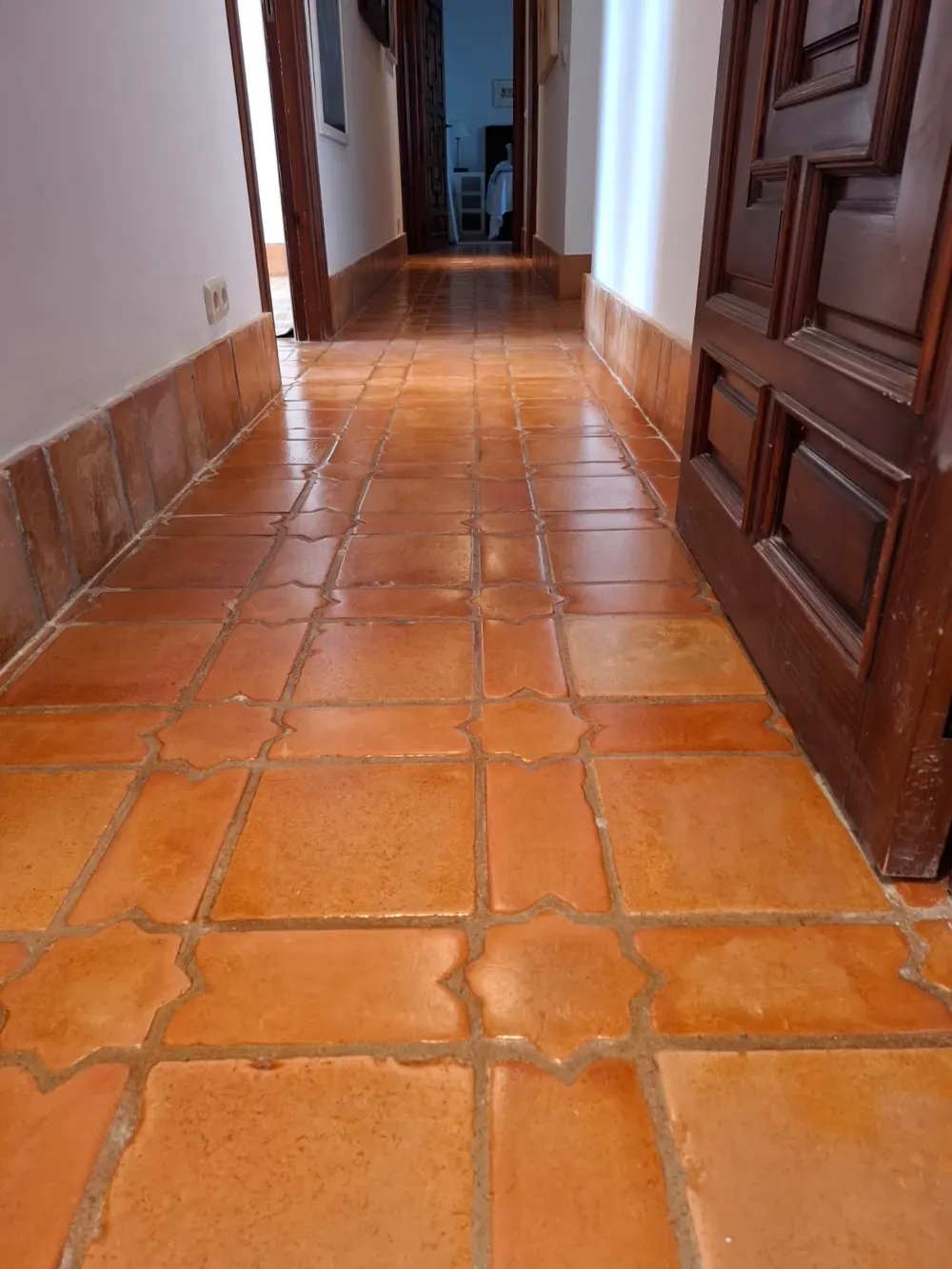 Pasillo de barro cocido con estrellas tratado y saneado — trabajo real de Pulimentos Jiménez